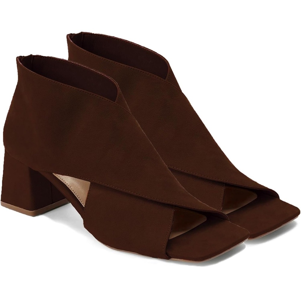 Open Toe Booties Side Cut-Out Ankle Peep Toe 2” Block Mid Dark Brown Zipper